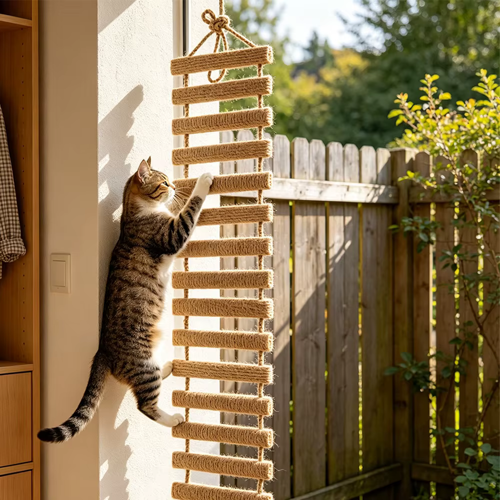 Puente y escalera de sisal para gatos, pared de madera natural - imagen 4