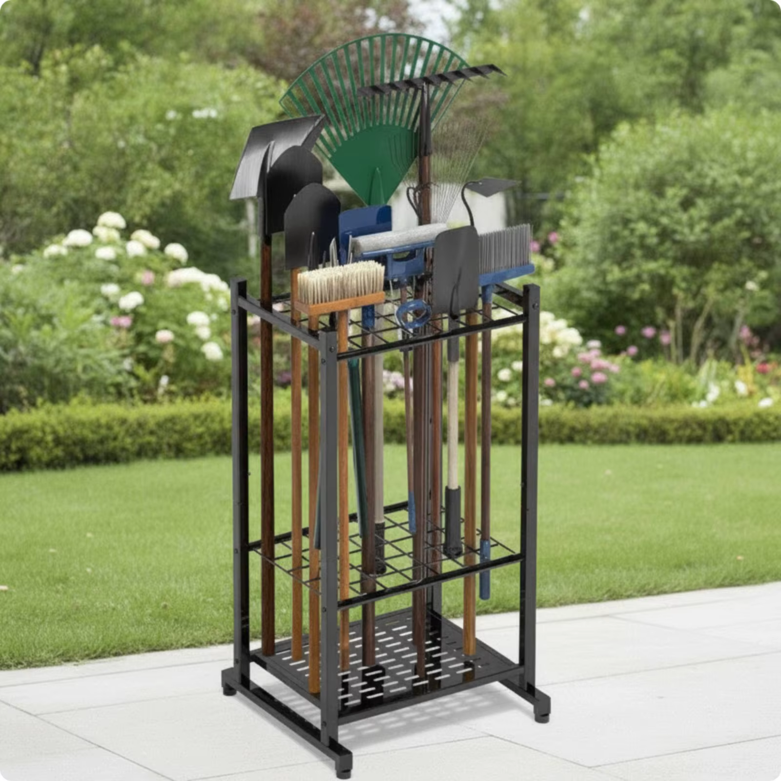 Organizador de herramientas de jardín de tres niveles – Soporte para palas y rastrillos - imagen 3