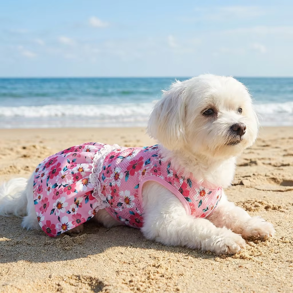 Vestido de malla floral rosa para perros en movimiento