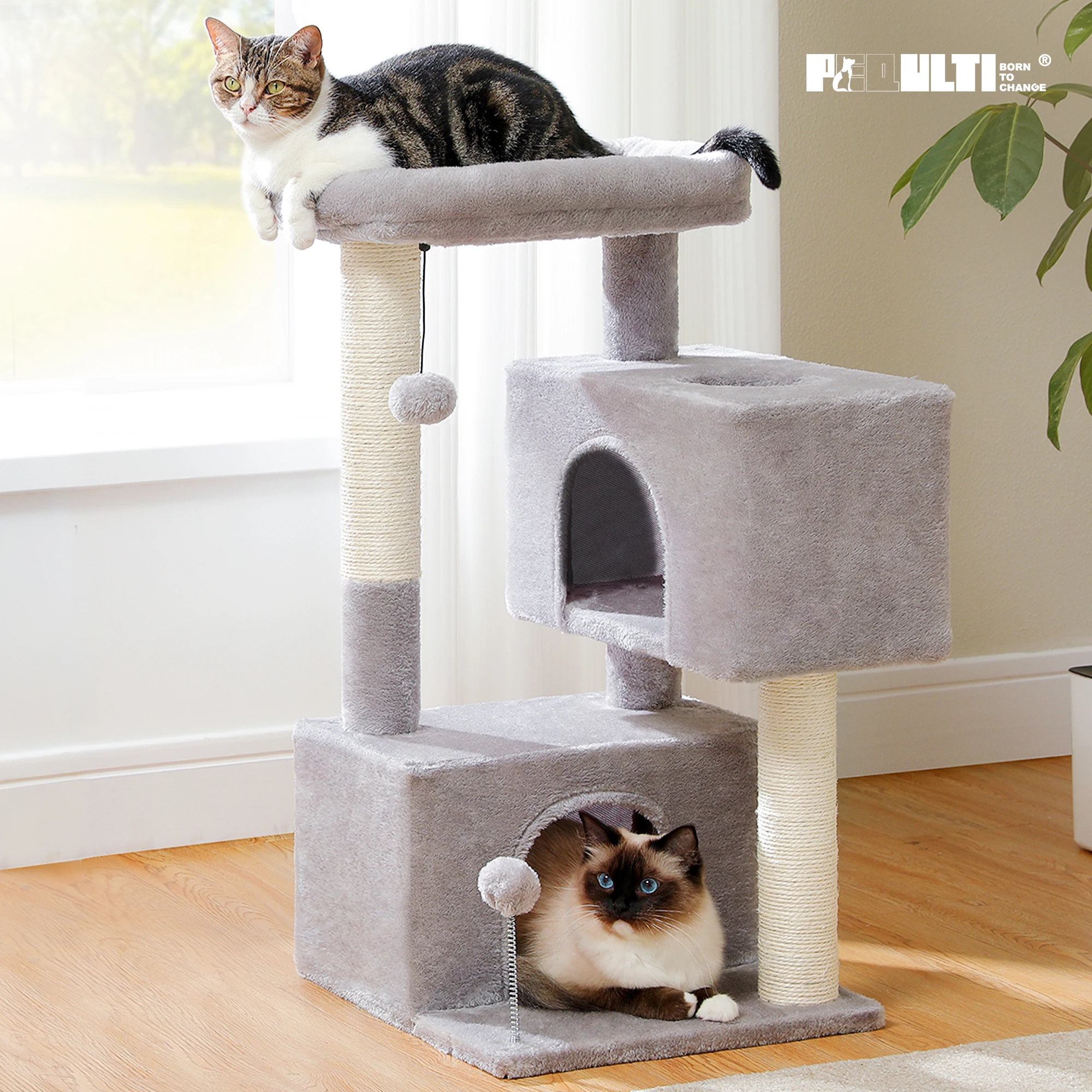 Rascador para gatos 80 cm 3 niveles doble cueva y pelota