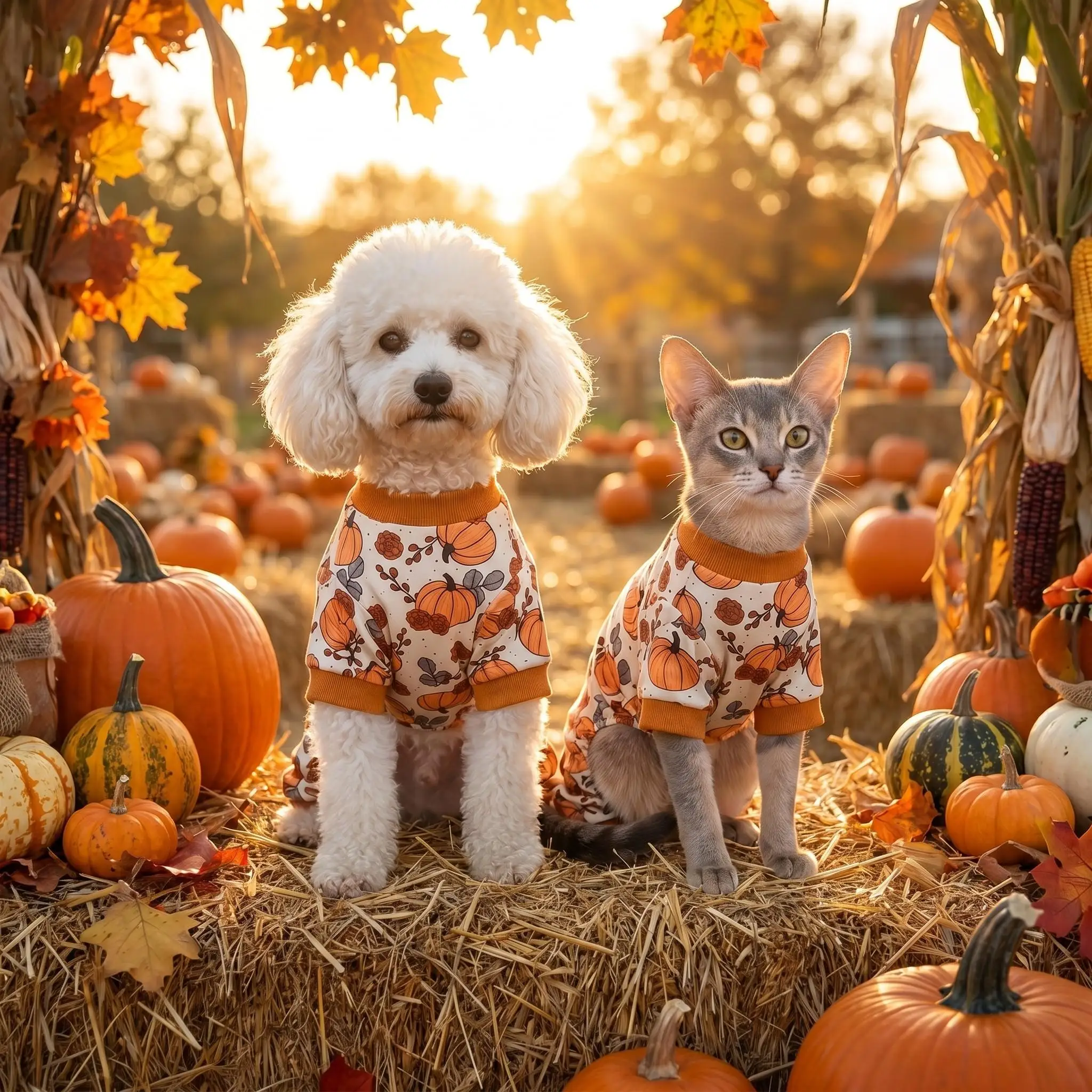perro usando pijama de calabaza estilo otoño