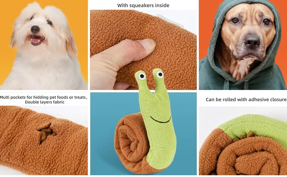 Dispensador de comida con caracol de peluche para perros