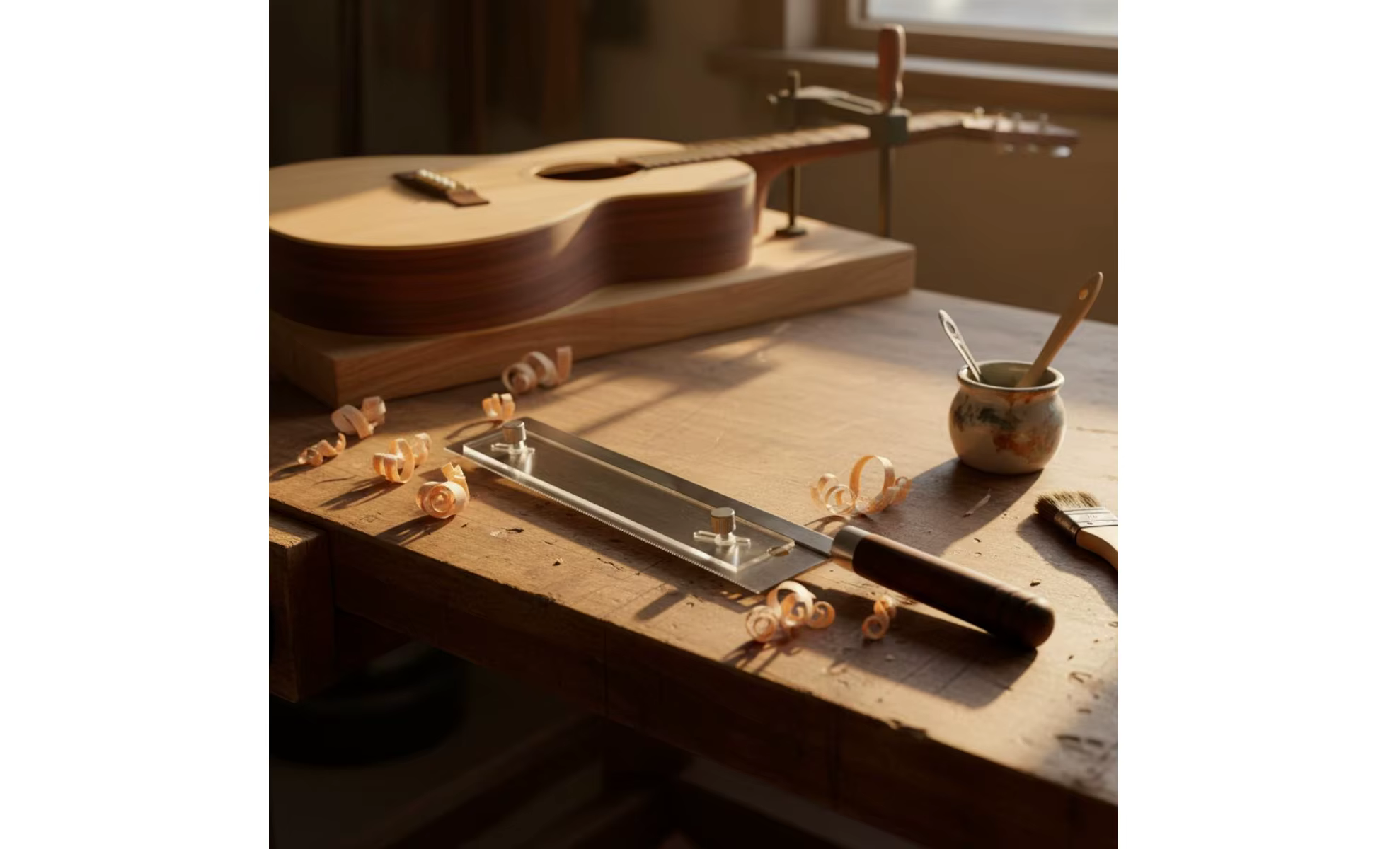 Detalle del mango de madera y sistema de guía ajustable