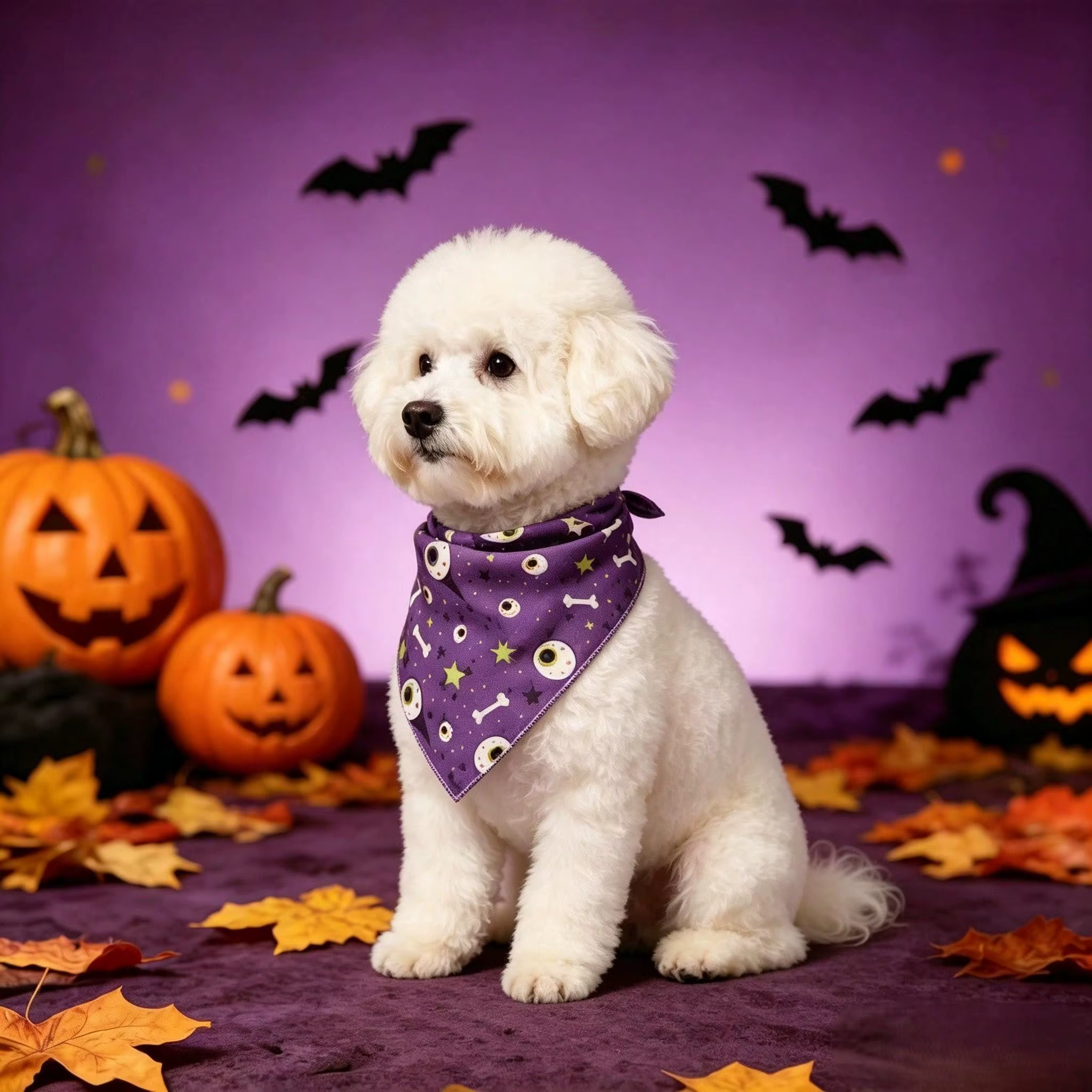 pañuelo triangular morado para perro de Halloween con estampado de ojos y huesos espeluznantes lavado y cuidado