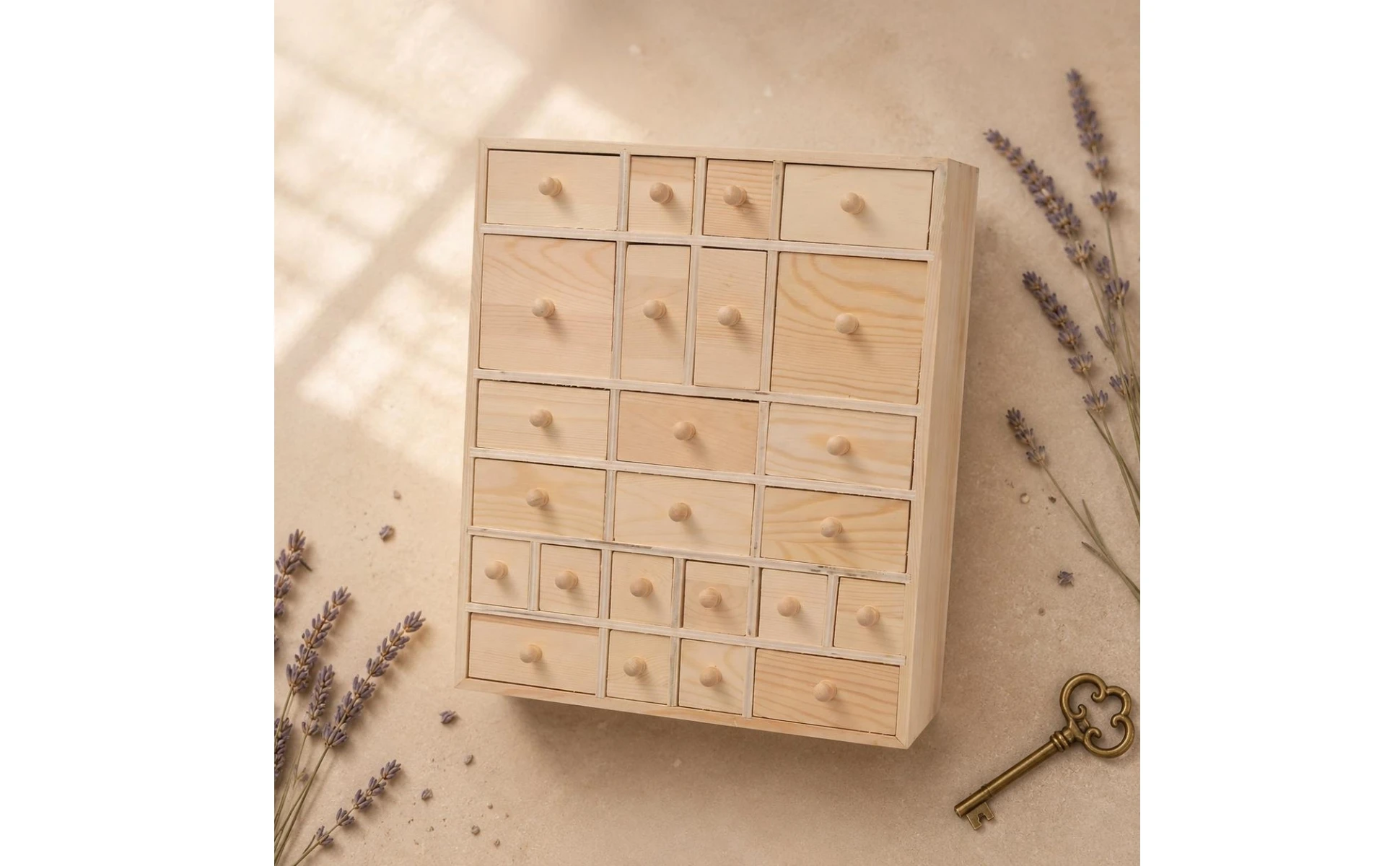 Organizador de cajones de madera con acabado natural y cajones pequeños