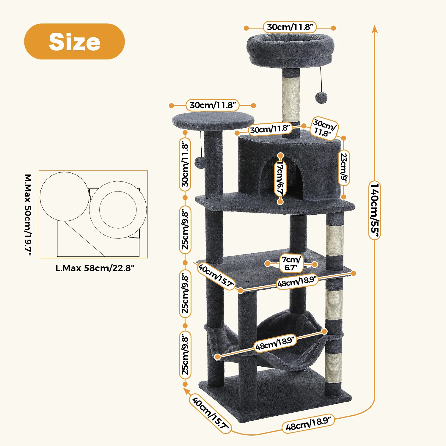 Vista frontal del árbol rascador para gatos 6 niveles