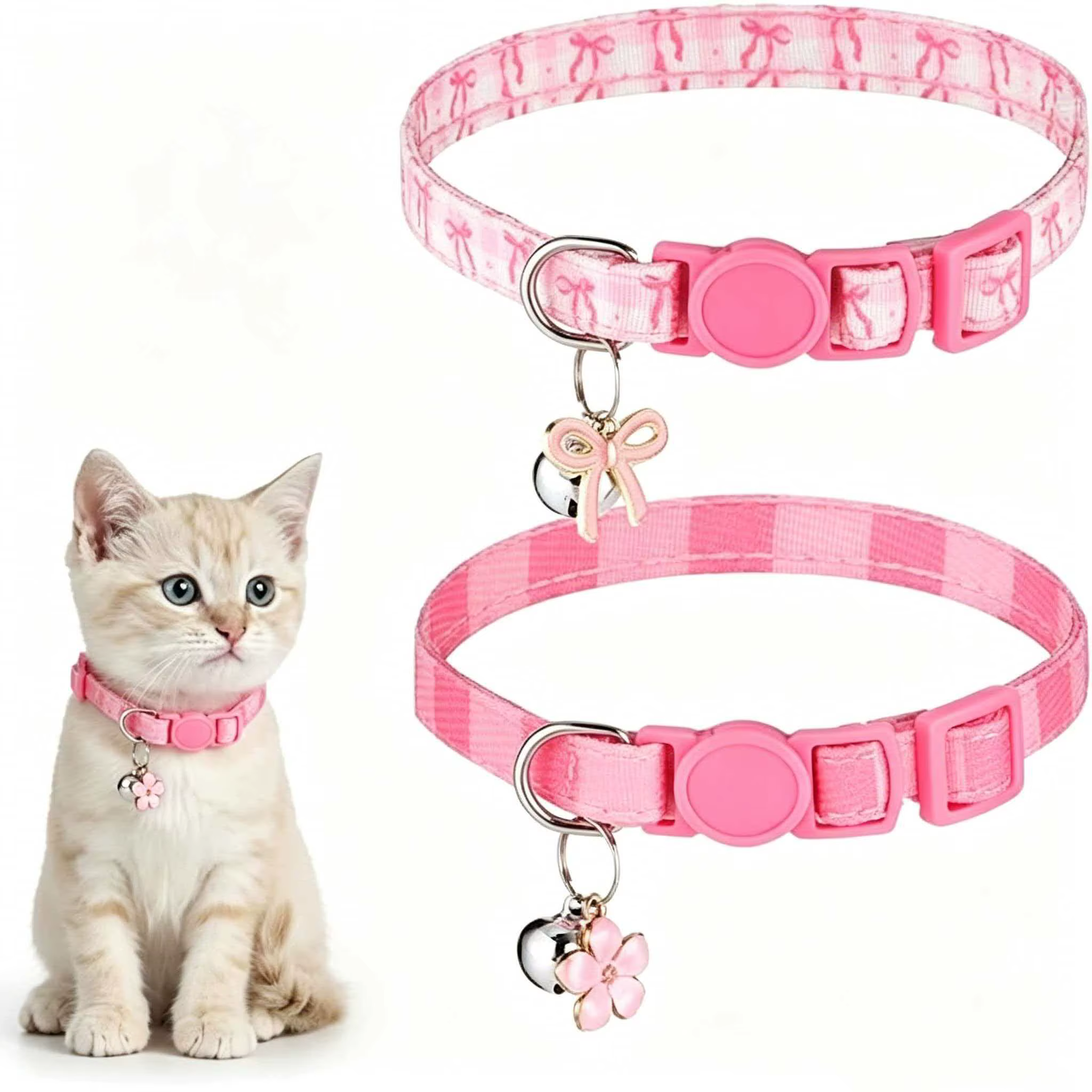Collar rosa para gato con campana, lazo y flor – ajustable - imagen 3