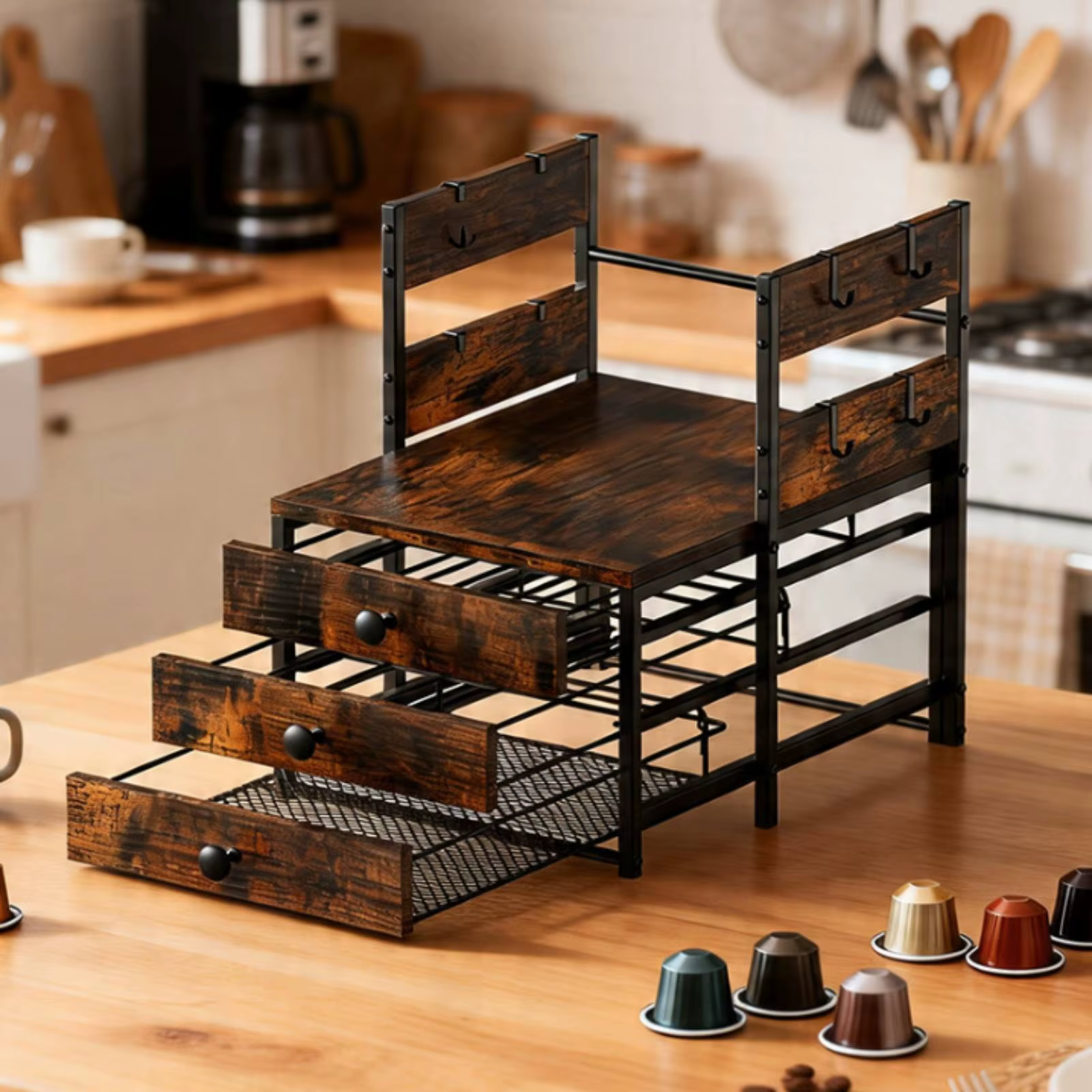 Estante organizador para gatos y perros con cajones, ganchos y porta comederos - imagen 5