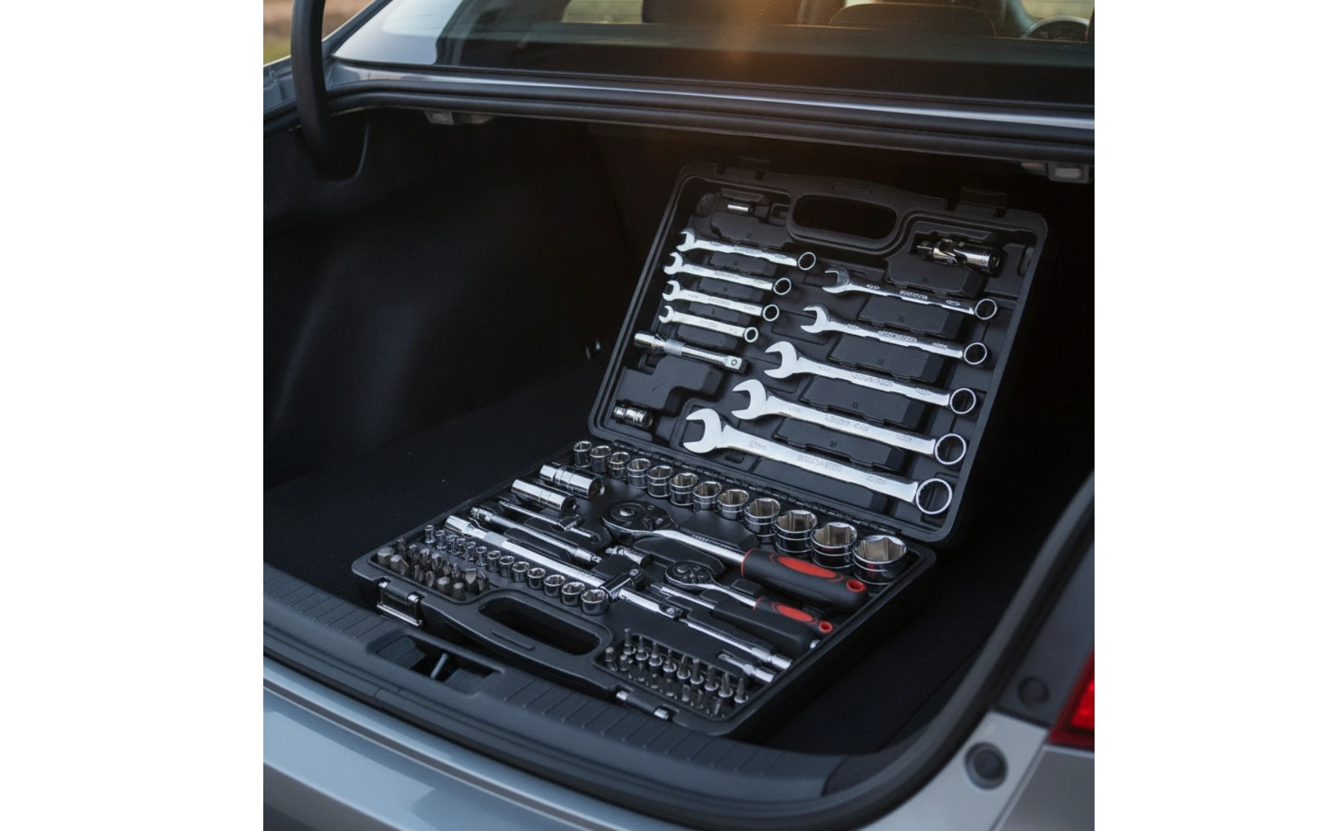 Kit de herramientas automotrices 82 piezas con estuche abierto mostrando organización