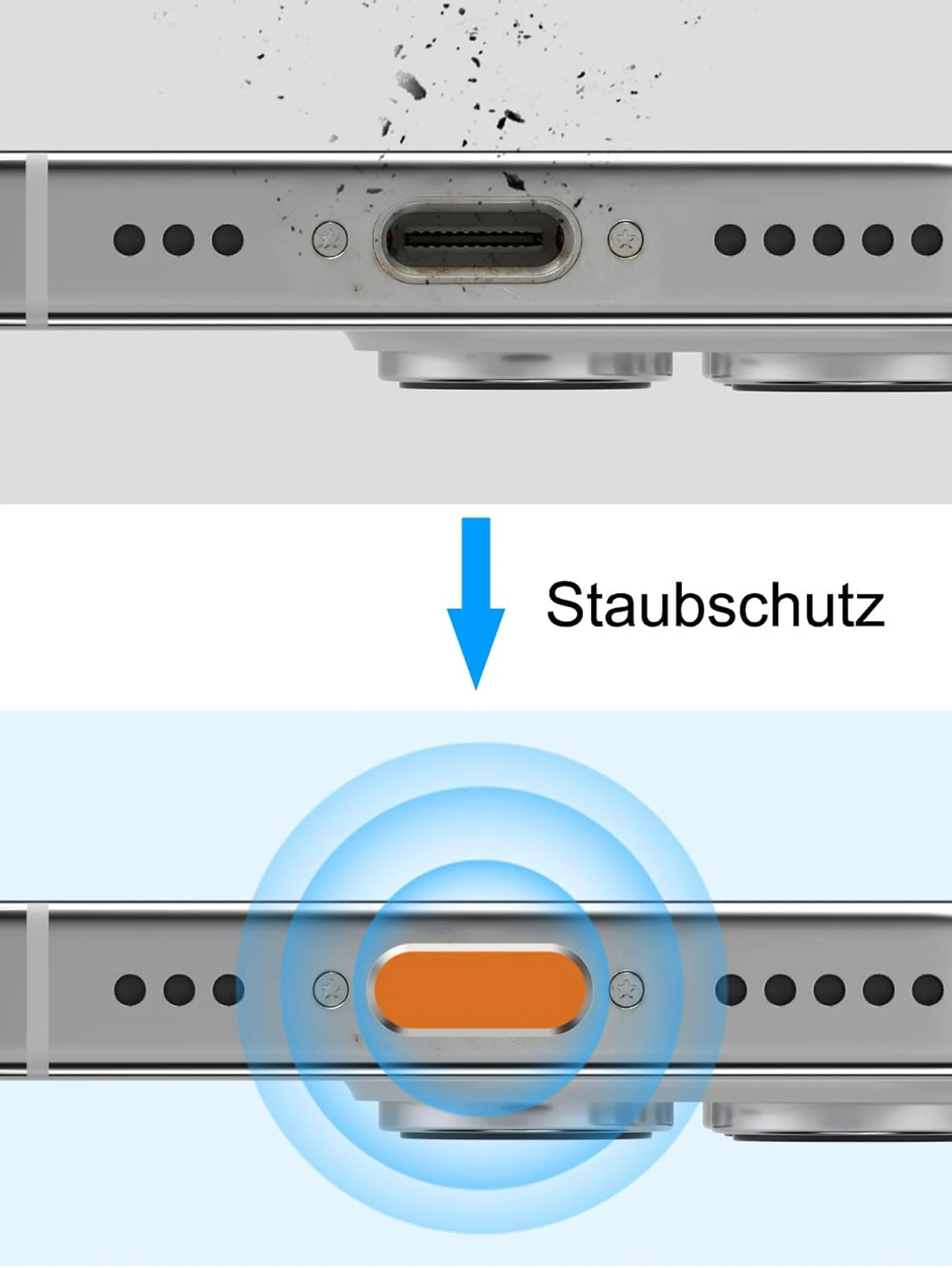 Tapones antipolvo USB-C de aluminio y silicona para iPhone y Galaxy - imagen 4
