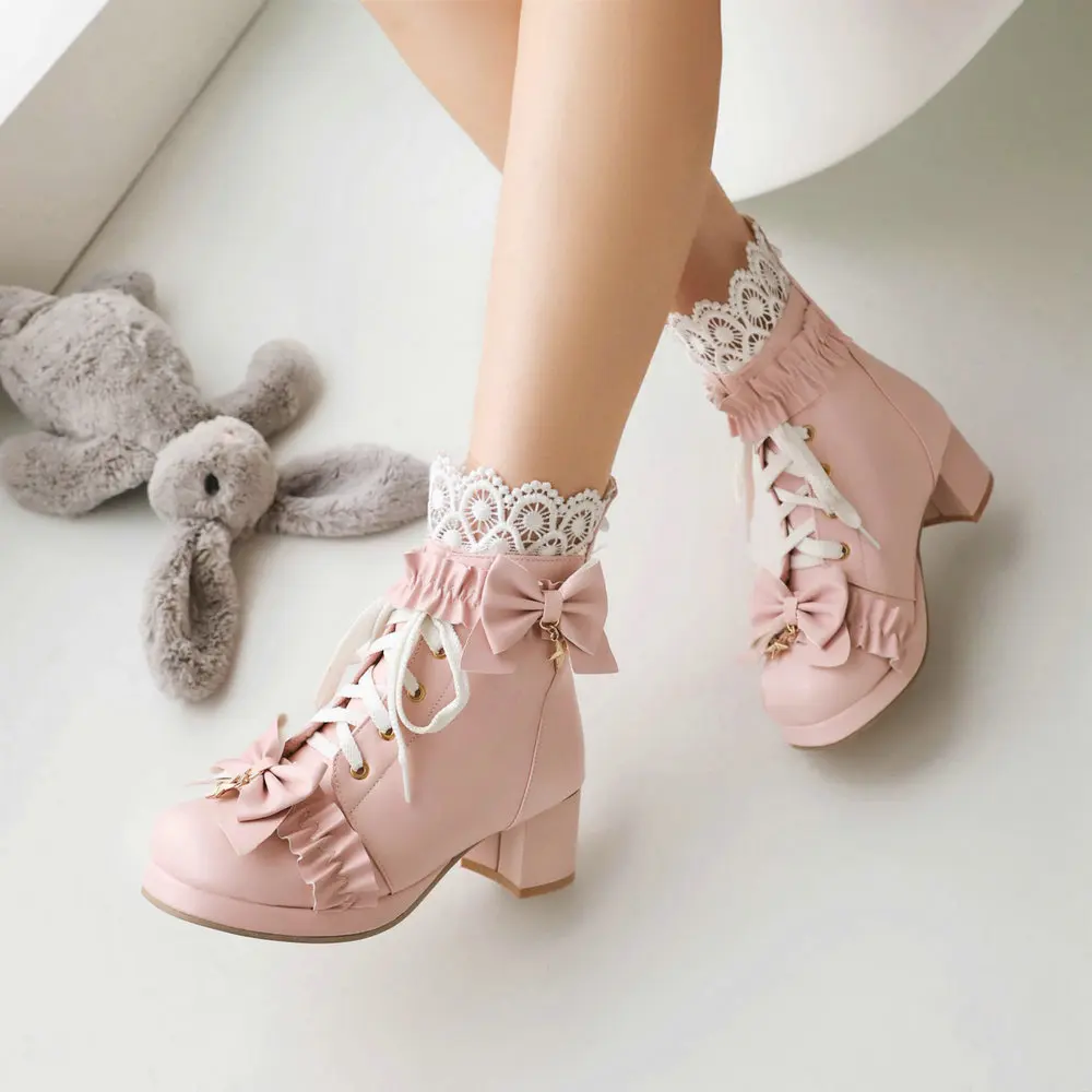 Botines de plataforma con cordones para mujer – Botas con tacón grueso y lazo, cosplayer - imagen 4