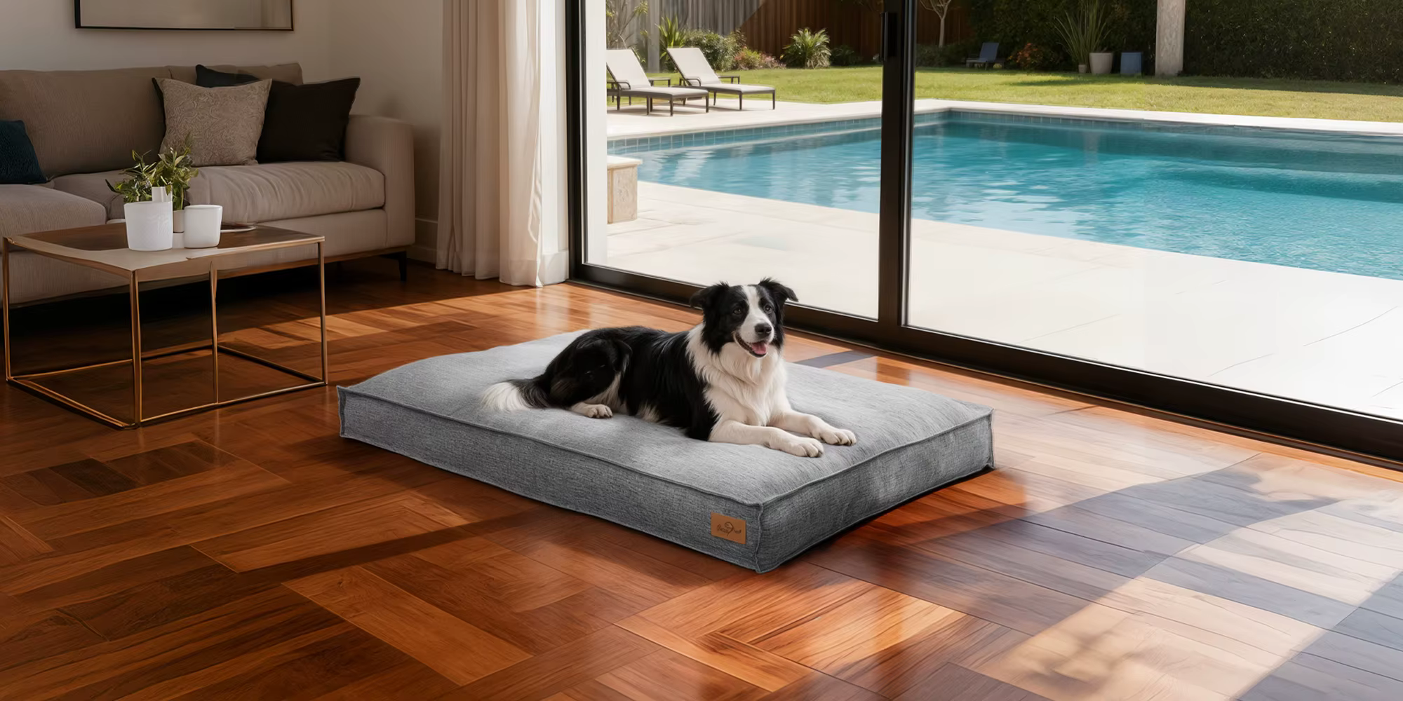 Cama rectangular para perro con funda de lino