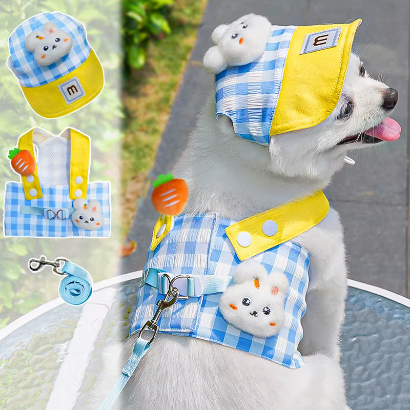 Ropa de verano a cuadros para cachorro: arnés, correa y sombrero - imagen 2