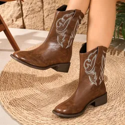 Botas Vaqueras Retro para Mujer – Punta Redonda y Tacón Grueso