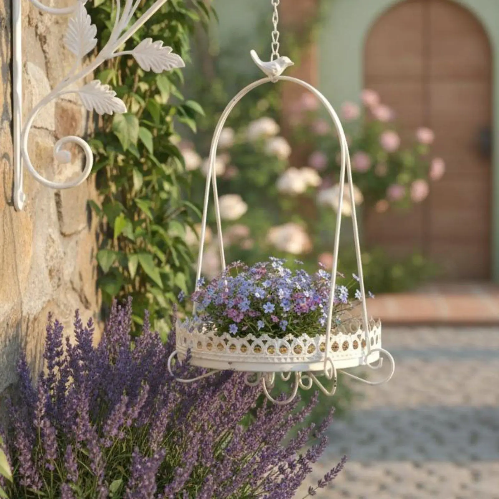 Cesta colgante de cadena para plantas y flores – Soporte estilo francés para balcones