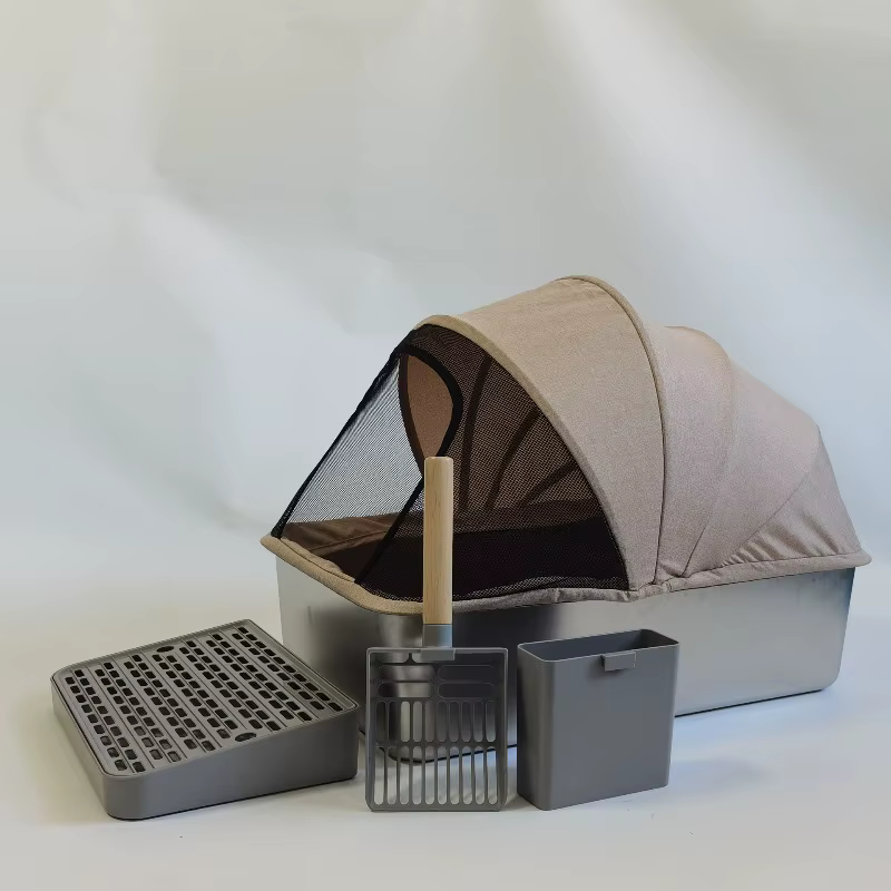 Caja de arena cerrada para gatos – Bandeja alta acero inoxidable con cubierta plegable - imagen 5