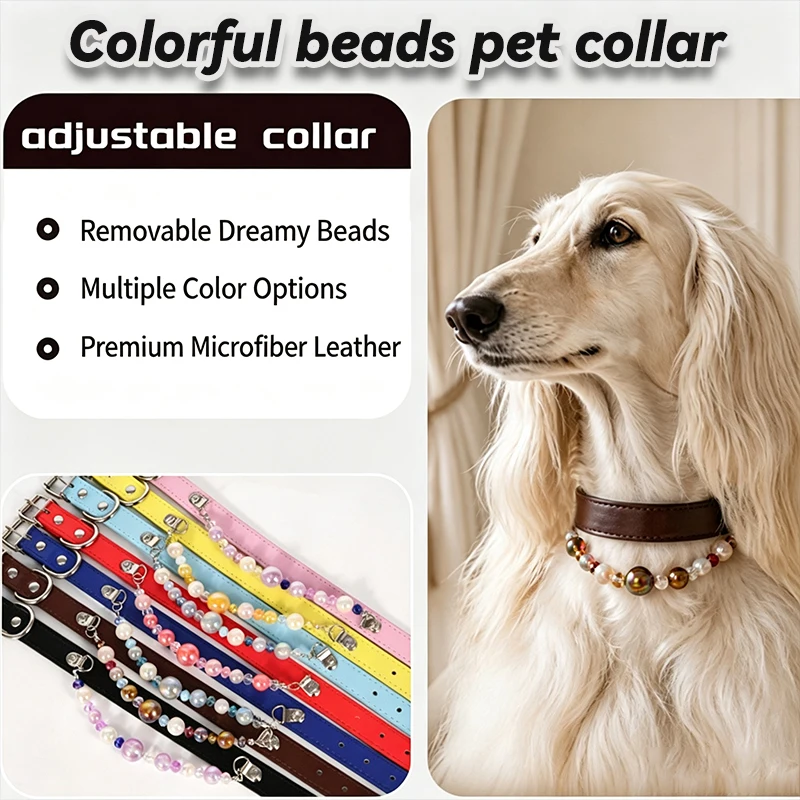 Collar regulable para perros y gatos de piel sintética con perlas