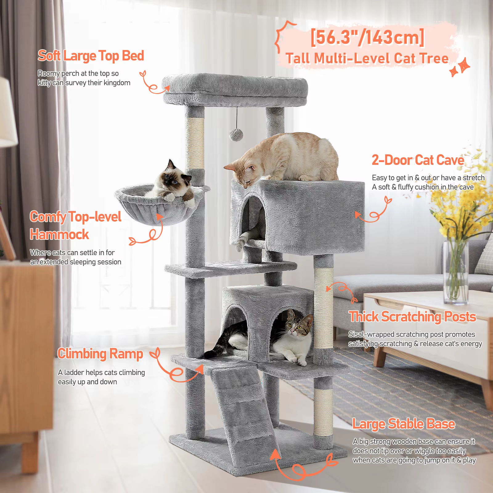 Árbol rascador multinivel para gatos con postes de sisal y hamaca - imagen 5