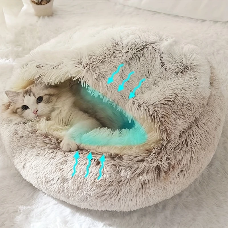 Cama nido redonda de felpa para gatos y perros pequeños semicerrada - imagen 3