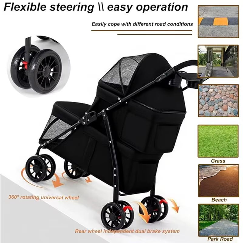 Carrito doble plegable para 2 perros o gatos pequeños – Con ruedas bloqueables - imagen 3