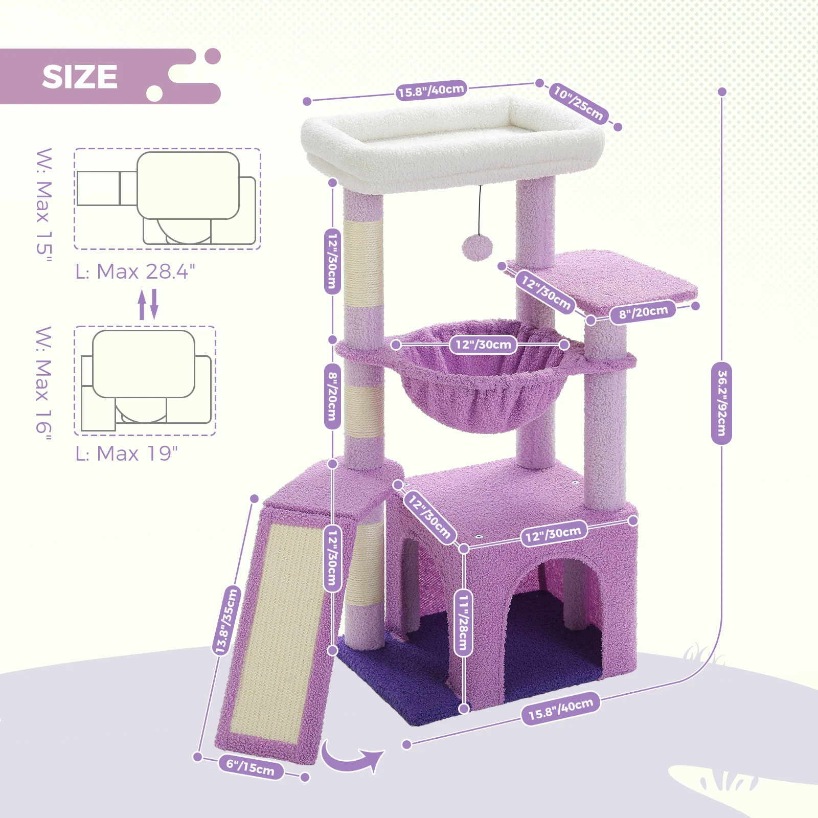 Vista frontal del árbol para gatos con sus tres niveles y colores disponibles