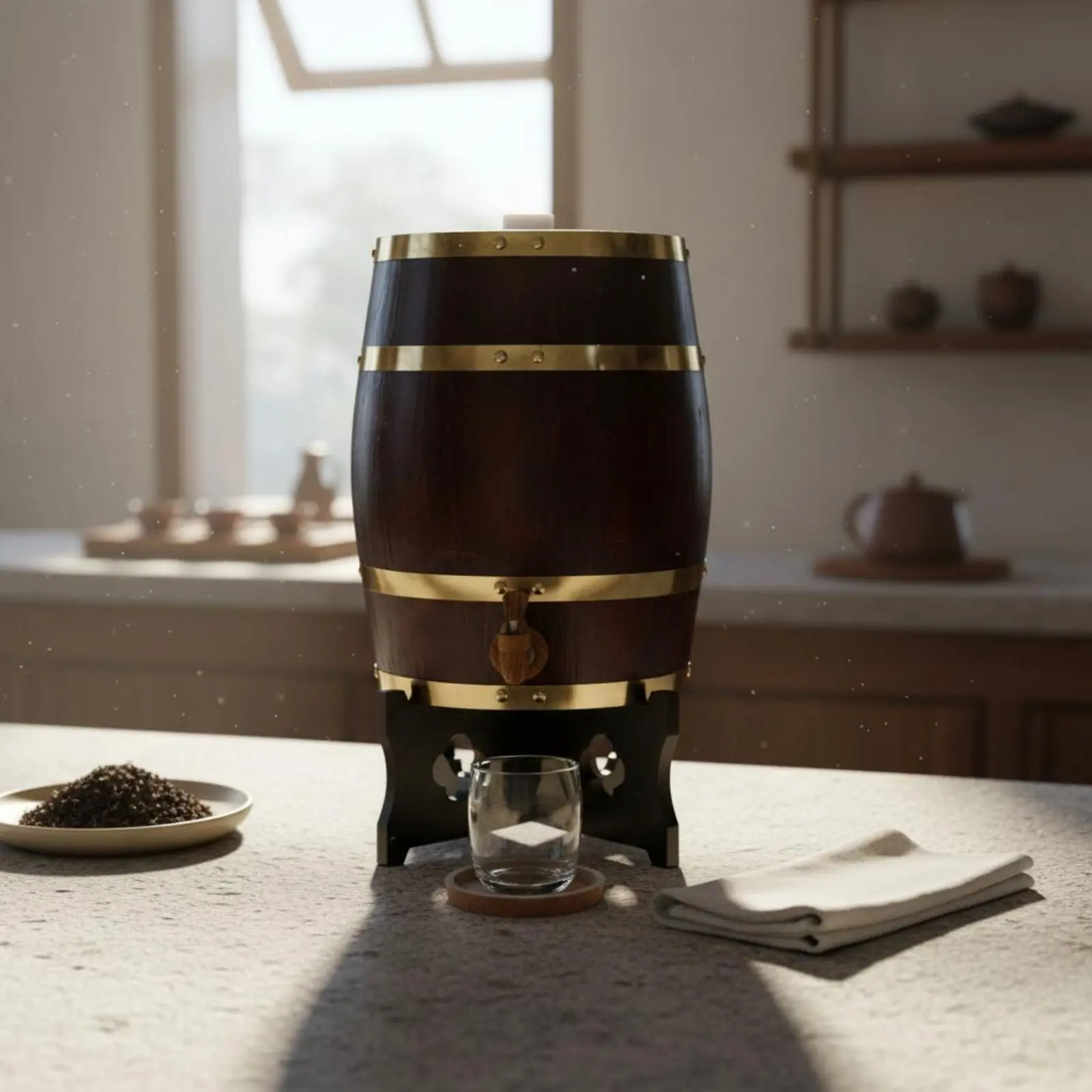 Dispensador de vino en barril de madera con grifo y soporte - imagen 4