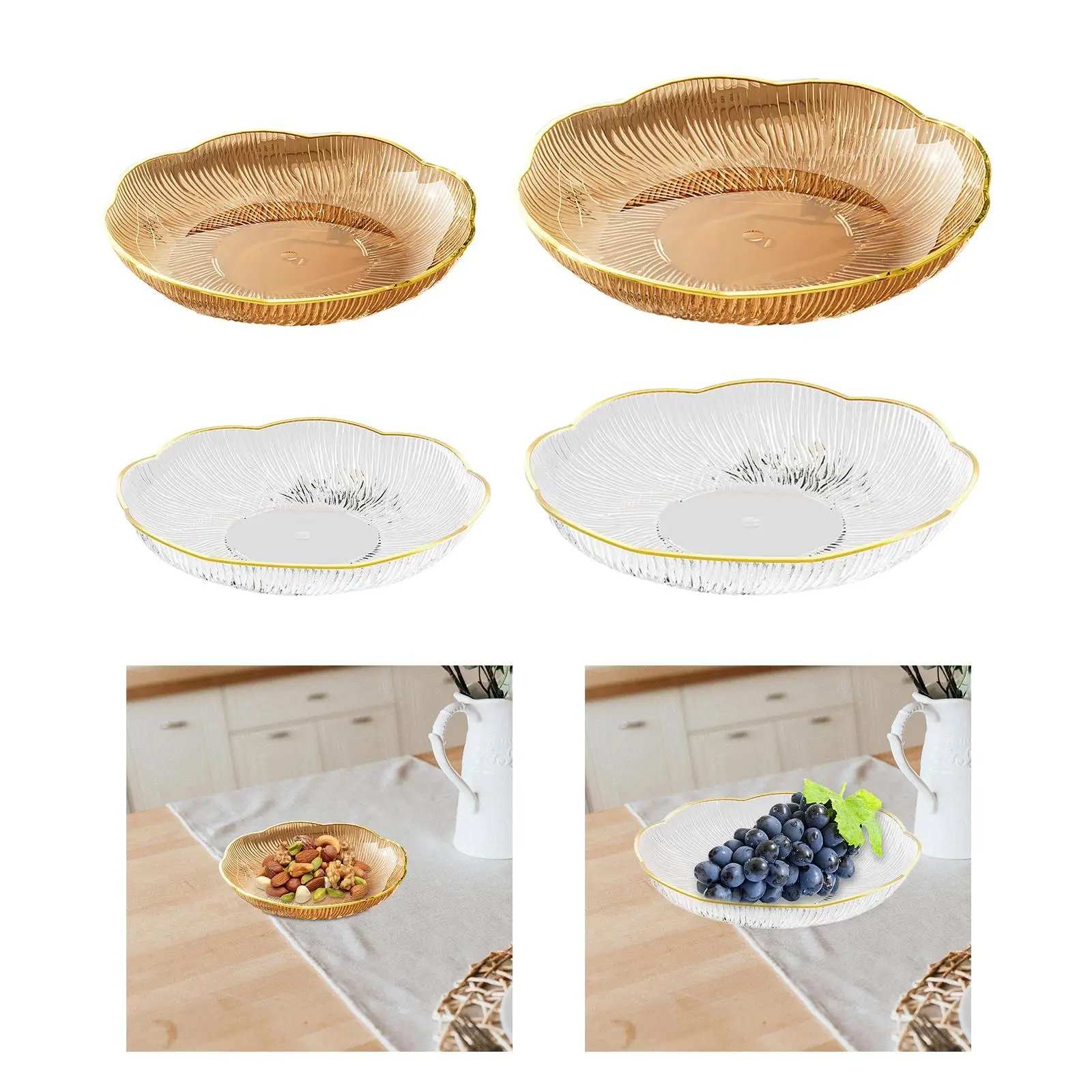 Plato transparente PET con diseño de pétalos sobre mesa decorada