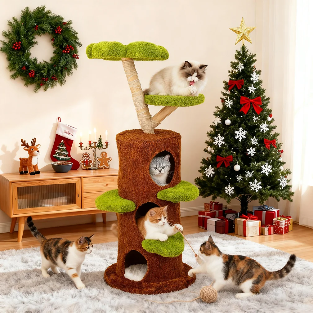 Rascador para gatos con cama tipo casa, torre de madera moderna - imagen 2