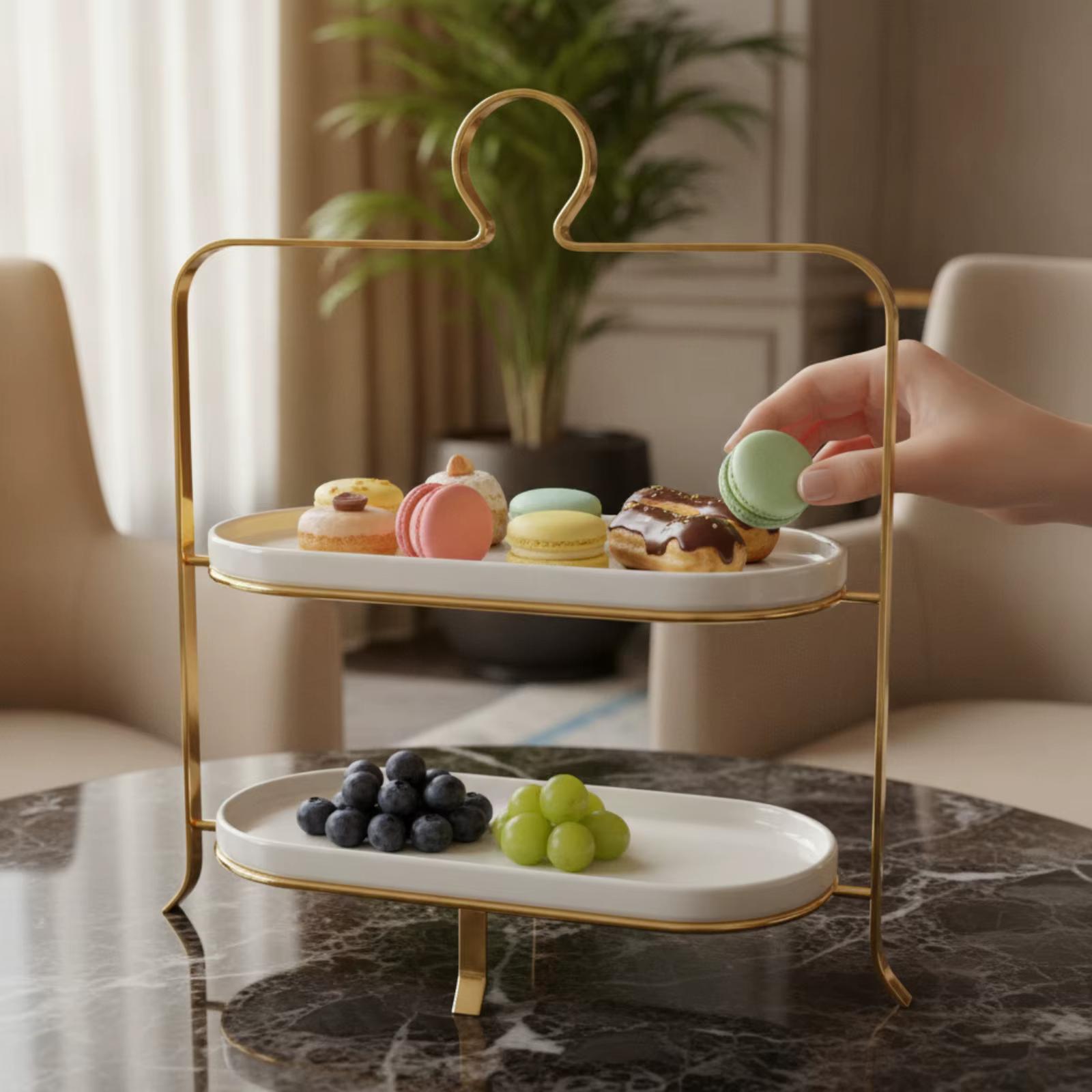 Soporte para Postres con Bandejas de Cerámica y Marco Metálico - imagen 4