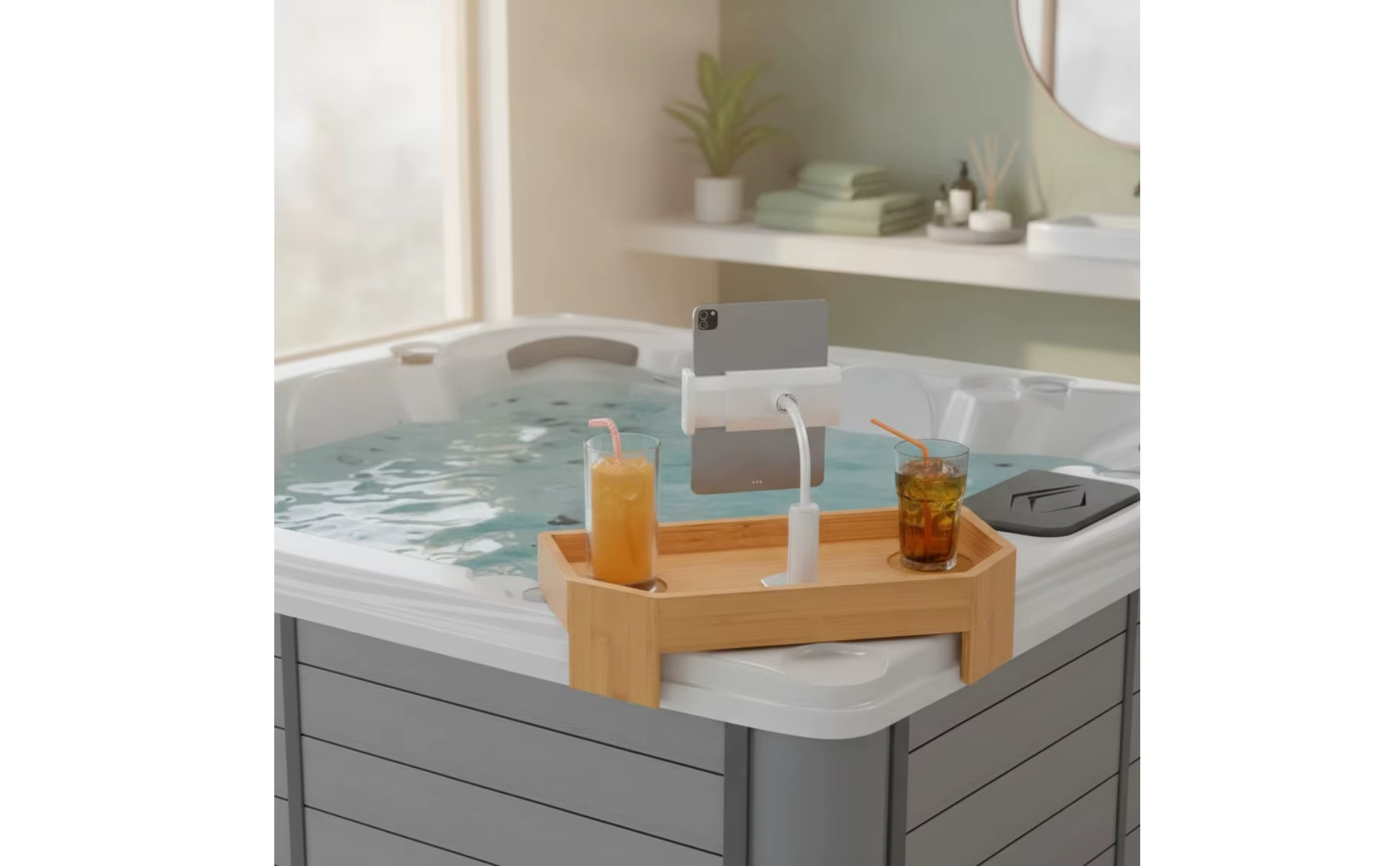Organizador de baño de bambú con portavasos