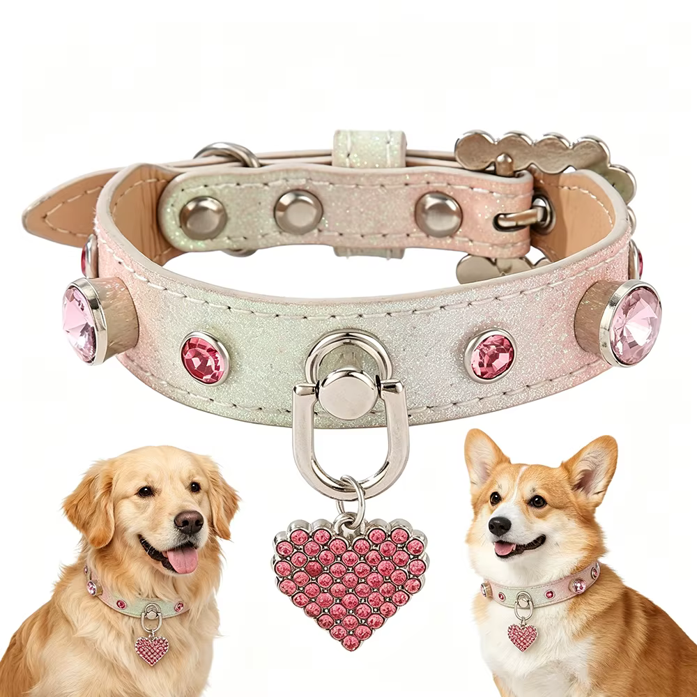Collar de perro de cuero cómodo y ajustable con pedrería brillante - imagen 2