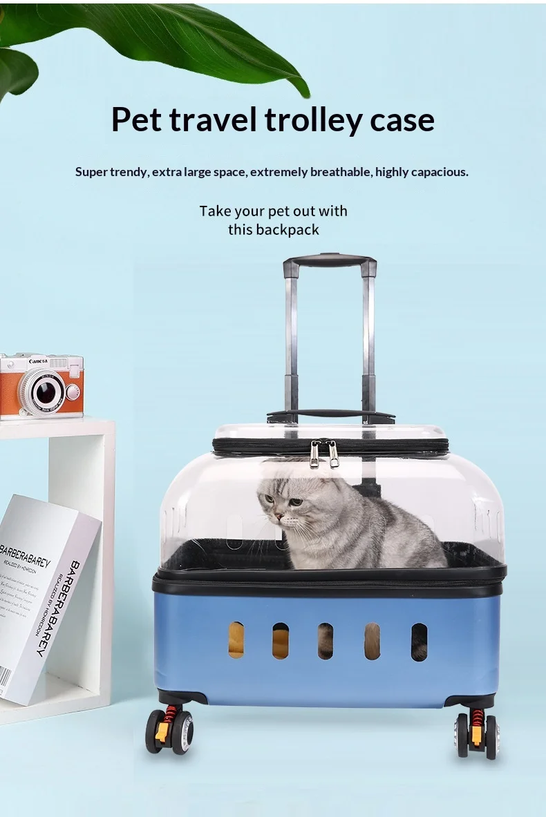 Transportín transparente con ruedas en uso