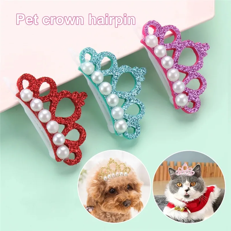 Pinzas para el pelo para perros pequeños y gatos, corona de perlas con lazo - imagen 4