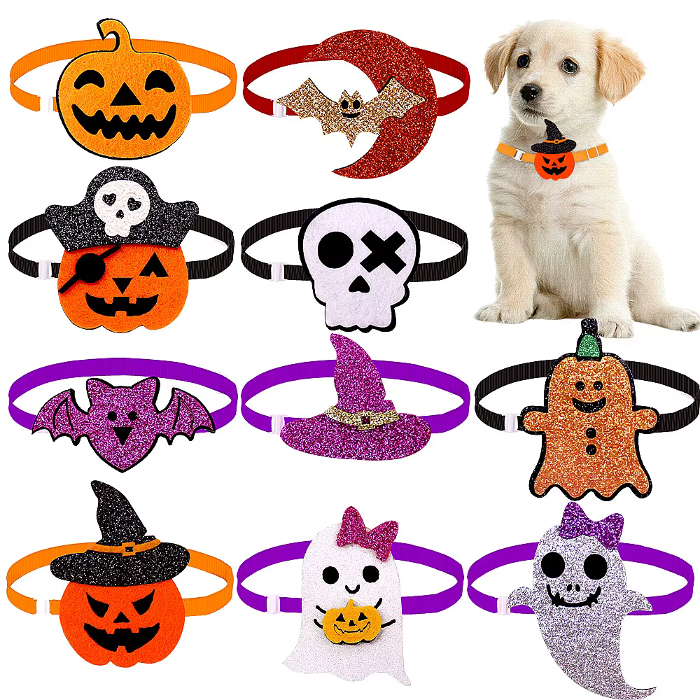 Halloween para perro: collar ajustable con lazo esqueleto y calabaza
