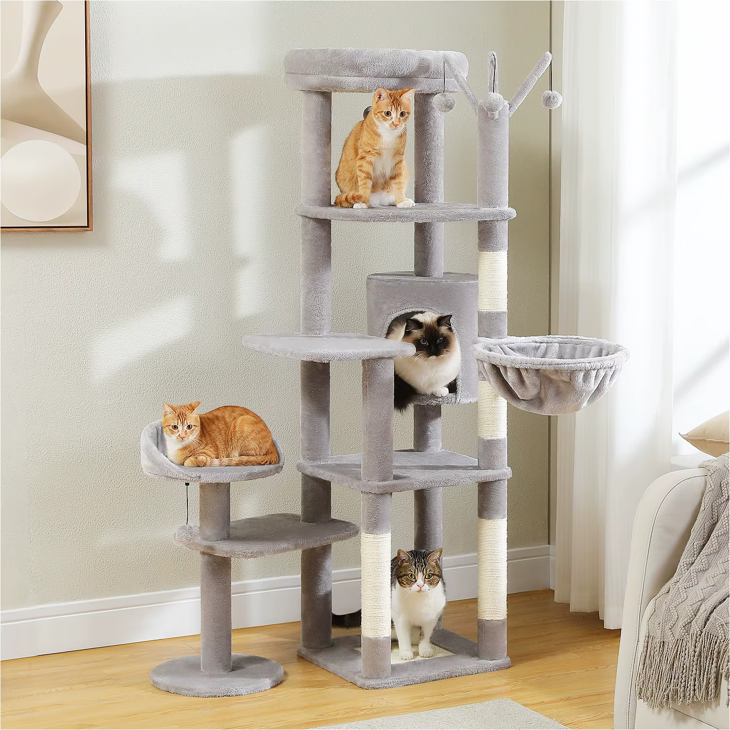 Árbol rascador multinivel para gatos con hamaca, cama y sisal