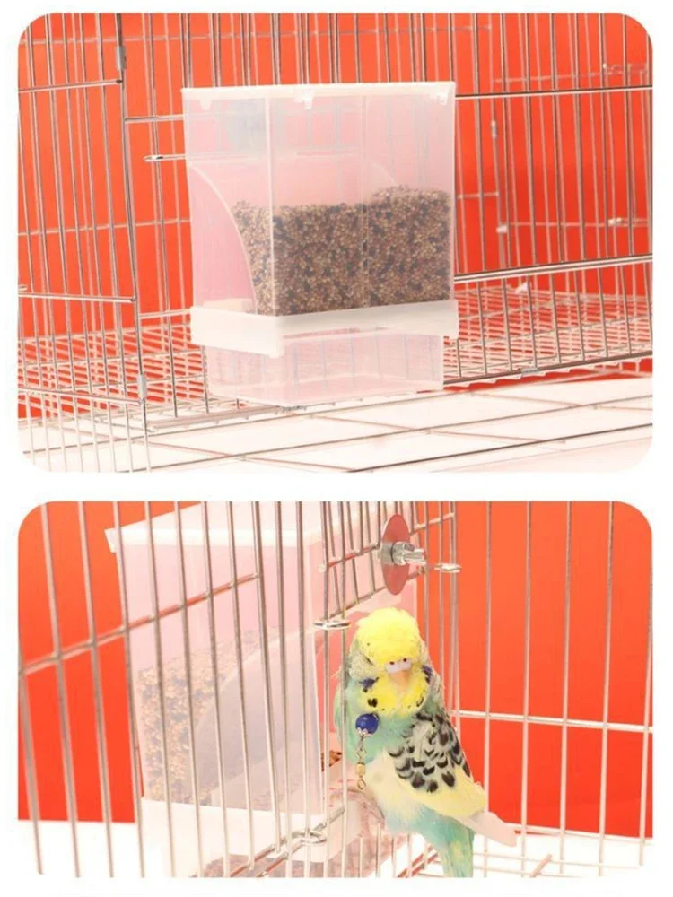 Comedero transparente para loros instalado en jaula