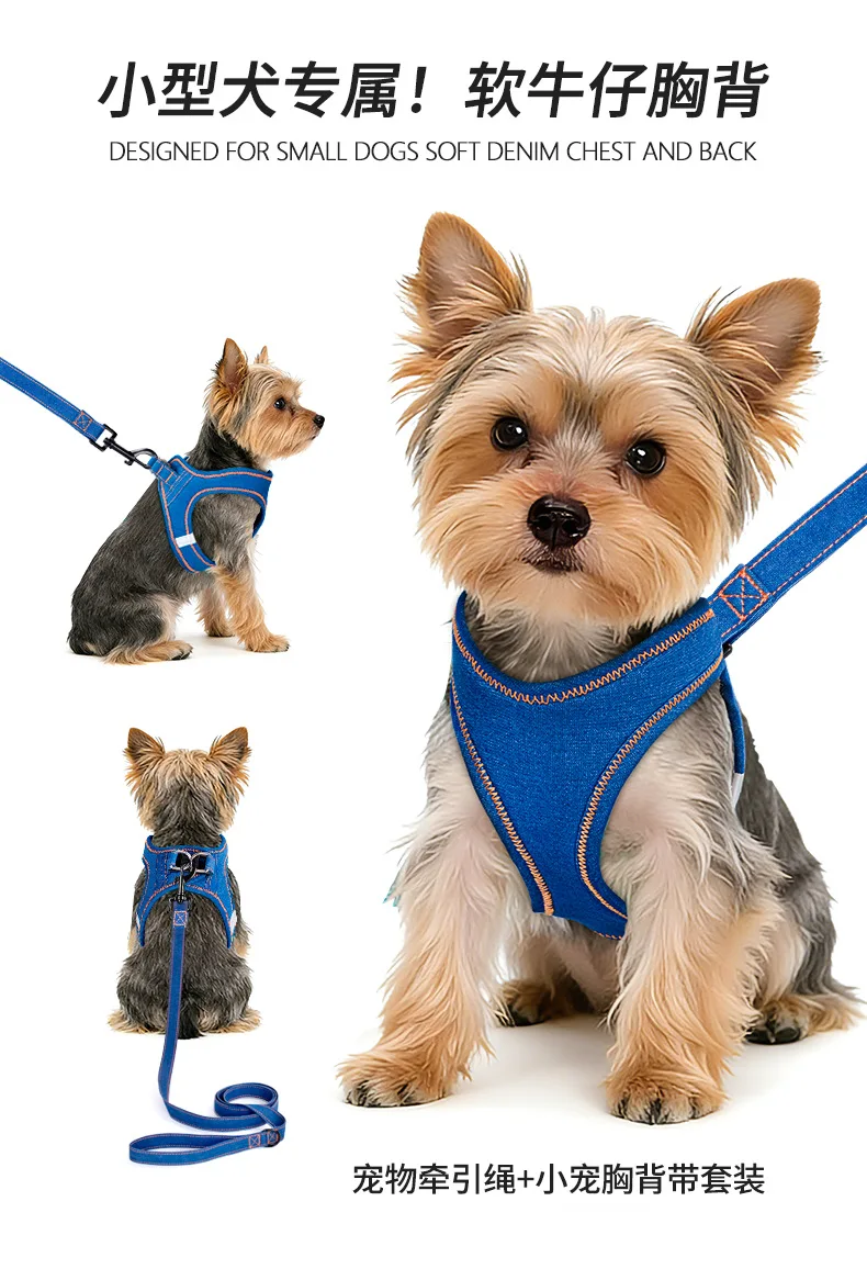 Arnés de mezclilla para mascotas visto desde arriba con diseño ajustable