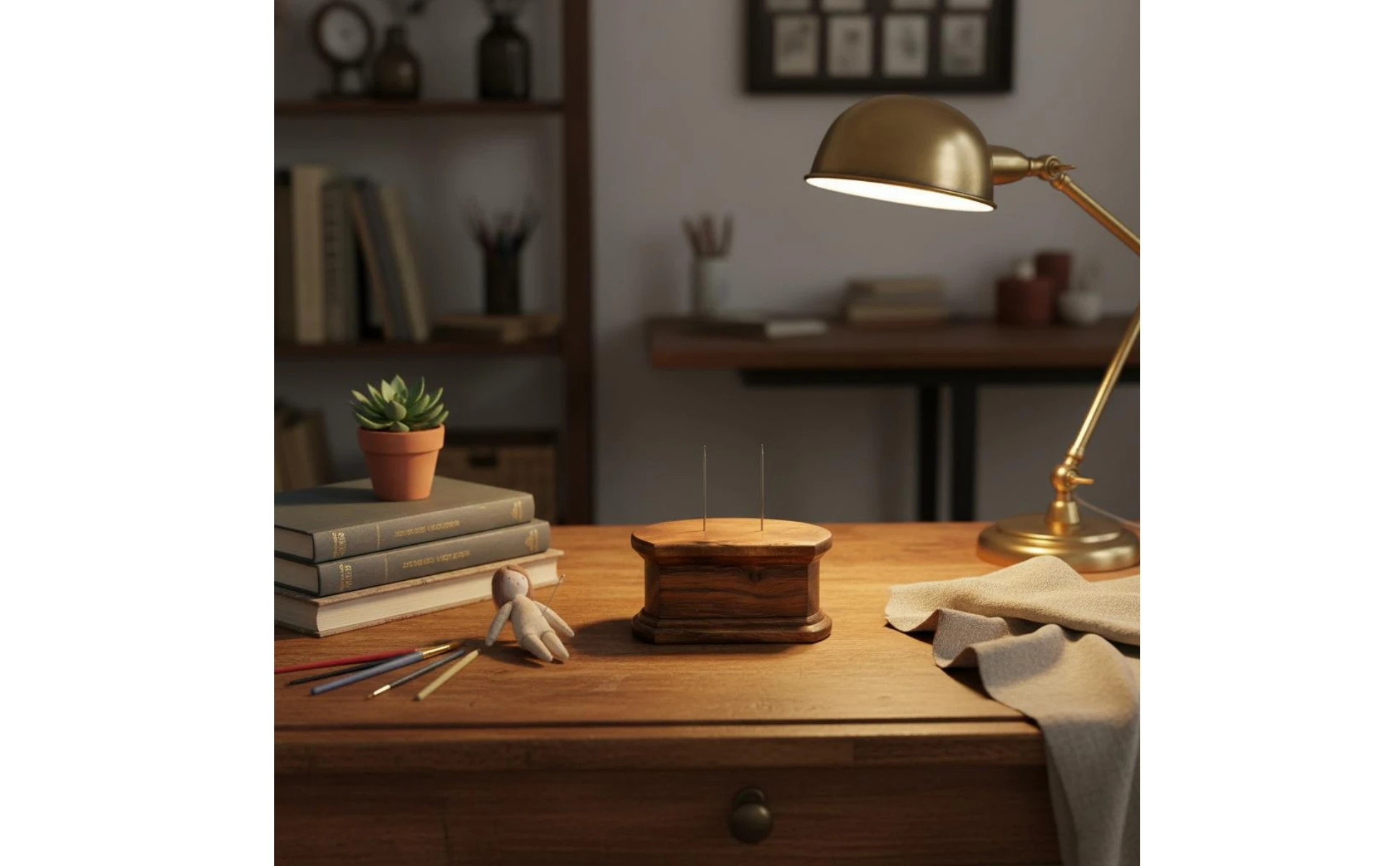 Expositor en forma de U con base de madera de nogal y acabado pulido