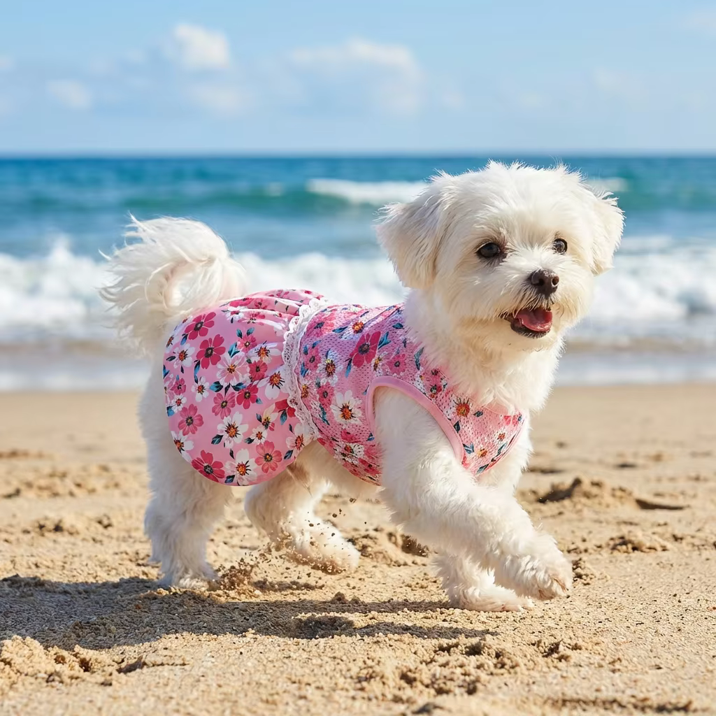 Vestido de malla floral rosa para mascotas en conjunto