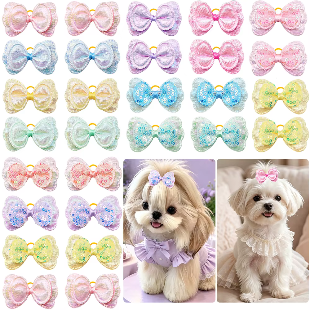 Lazos pastel con lentejuelas para pelo de perros pequeños y gatos