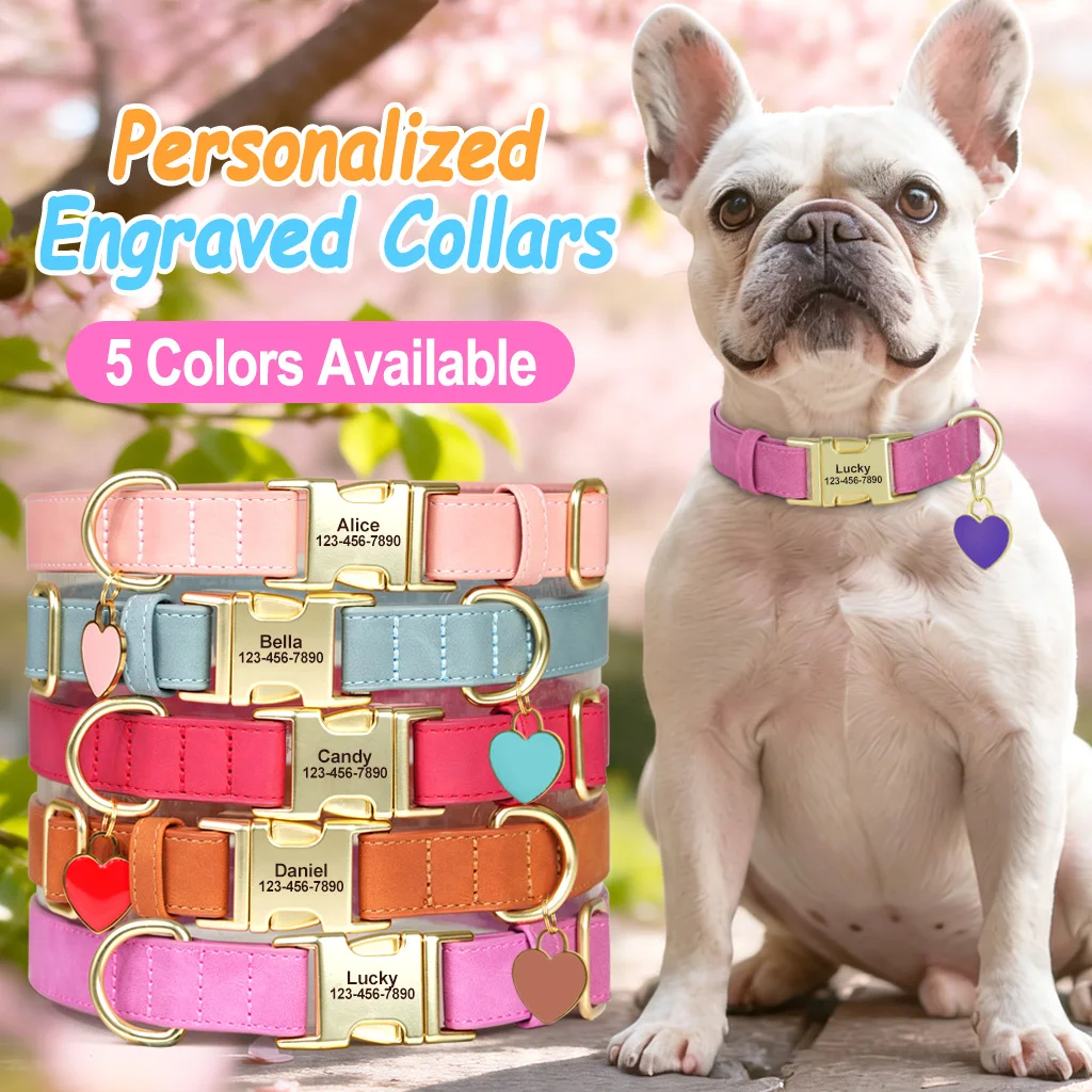 Collar personalizado de cuero PU con etiqueta de corazón para perros – Correas duraderas - imagen 2