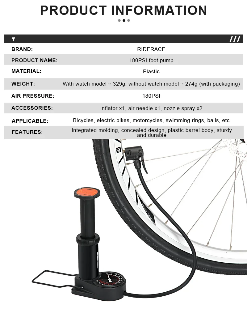 Bomba de pie riderace con vista lateral mostrando el cuerpo compacto