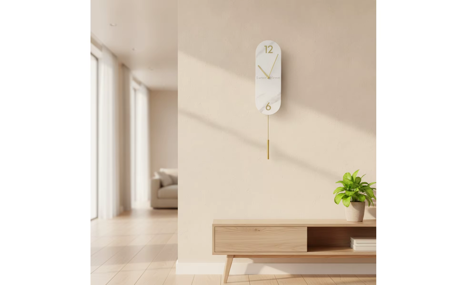 Reloj de pared moderno con esfera de mármol y péndulo metálico