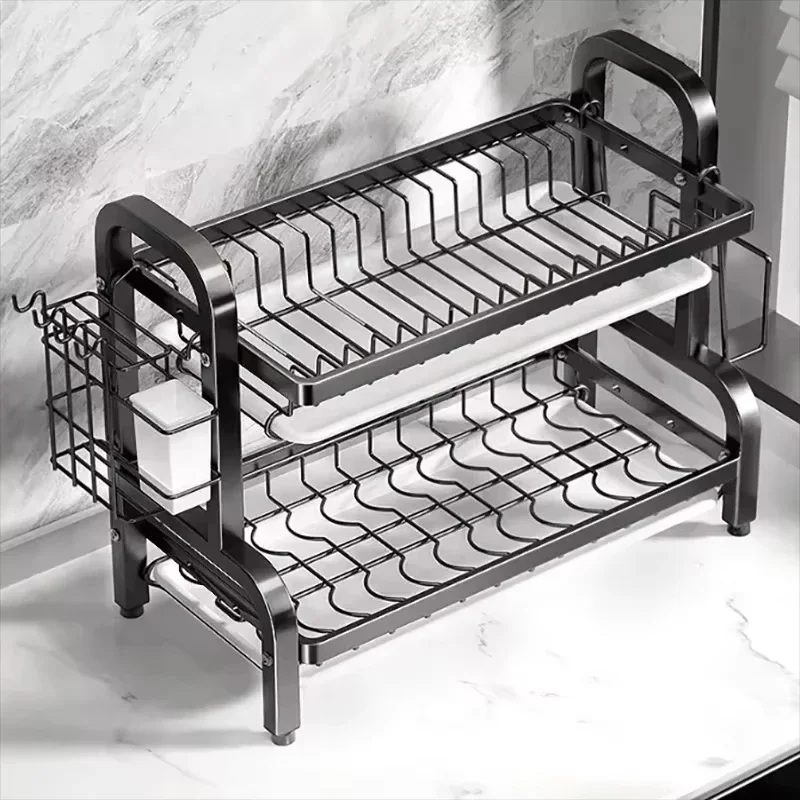 Escurridor compacto de 2 niveles para platos de cocina