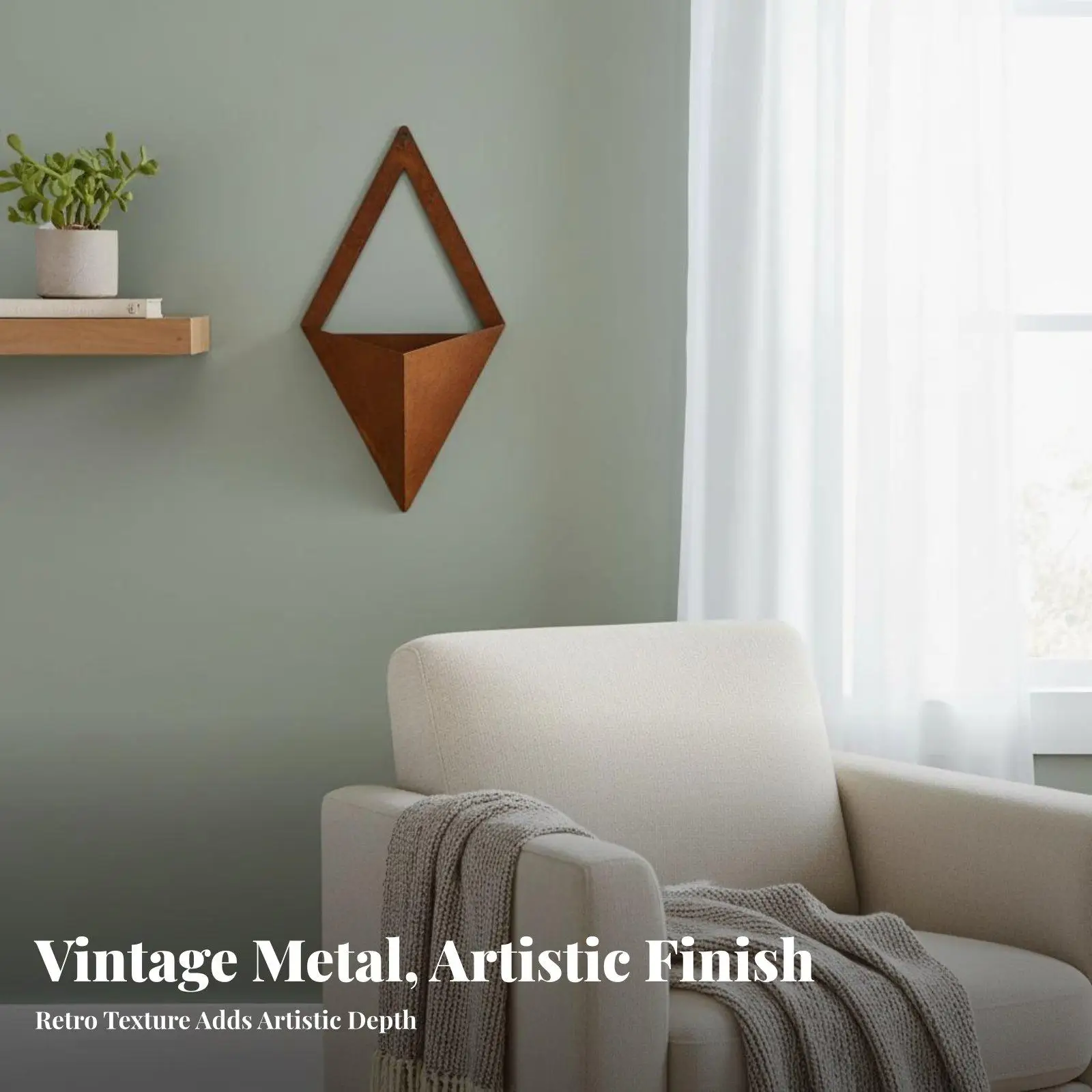 Maceta de pared metálica con diseño rústico en forma de rombo - imagen 5