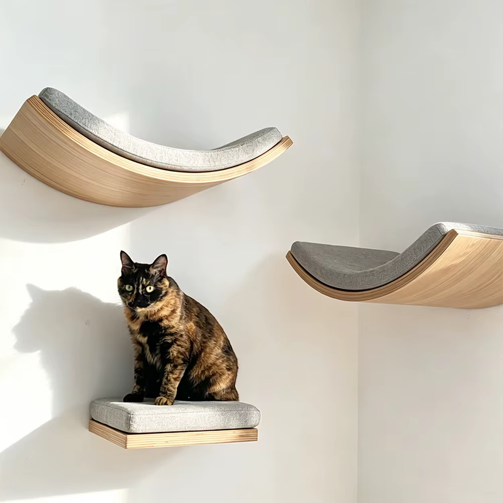 Estante mural para gatos con hamaca, cueva y escaleras de madera - imagen 2