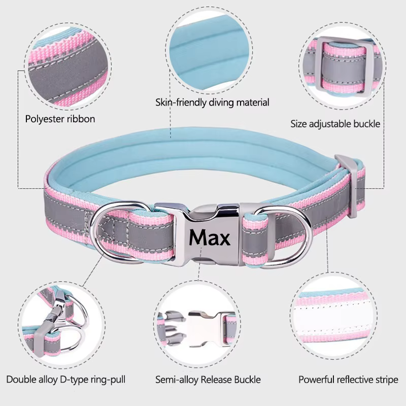 Collar reflectante con ID personalizado para perro Pug, ajustable - imagen 5