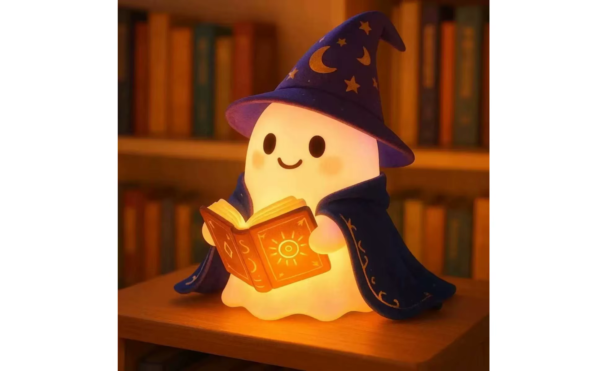 Figura de fantasma mago sosteniendo un libro luminoso