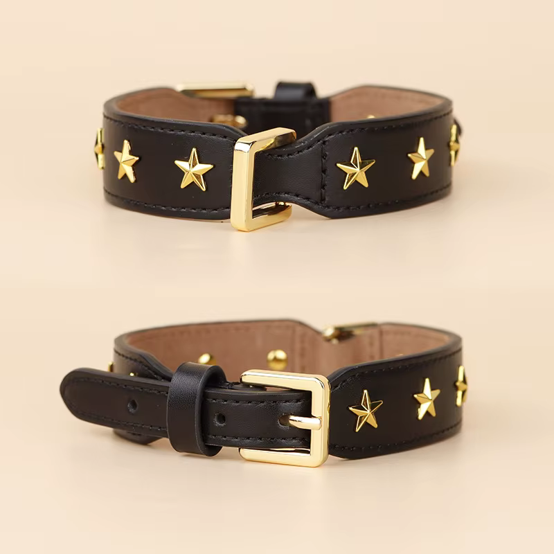 Collar de cuero genuino ancho y ajustable para perros y gatos - imagen 2