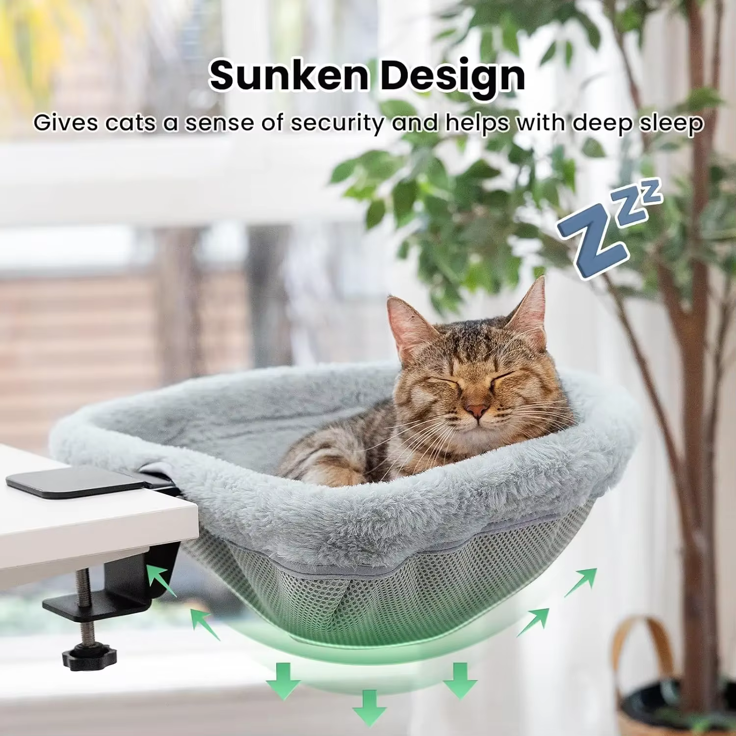 Vista lateral de cama para gatos con piel sintética
